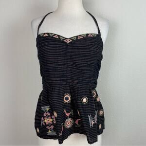 Free People Sweet Safari Halter Mirror Embroidered Strip Smocked Top Large